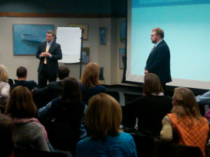 Superintendent David Lussier (left) and Tech Director Rob Ford, meet with parents at Wellesley Free Library in January.