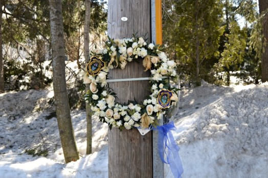 20 years ago this month, Officer Stewart Savage died in the line of duty. Wellesley Police left a commemorative wreath at the site.