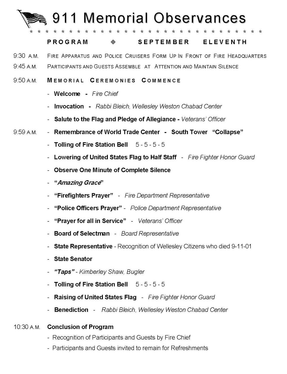 Wellesley 9/11 Memorial observances