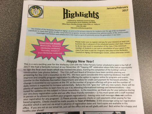 Highlights newsletter from Wellesley Council on Aging