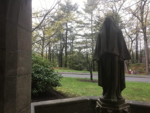 two-face woman statue, Tower Court Wellesley College