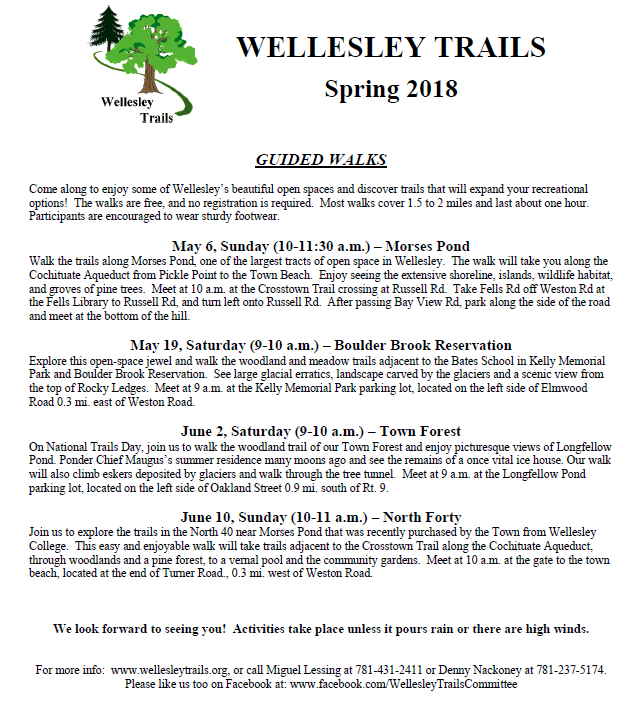 Wellesley Trails walks, spring 2018