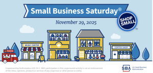 Illustration of a main street with small businesses, trees, food truck, Shop Small logo, SBA logo and the following text: Small Business Saturday, November 29, 2025. 