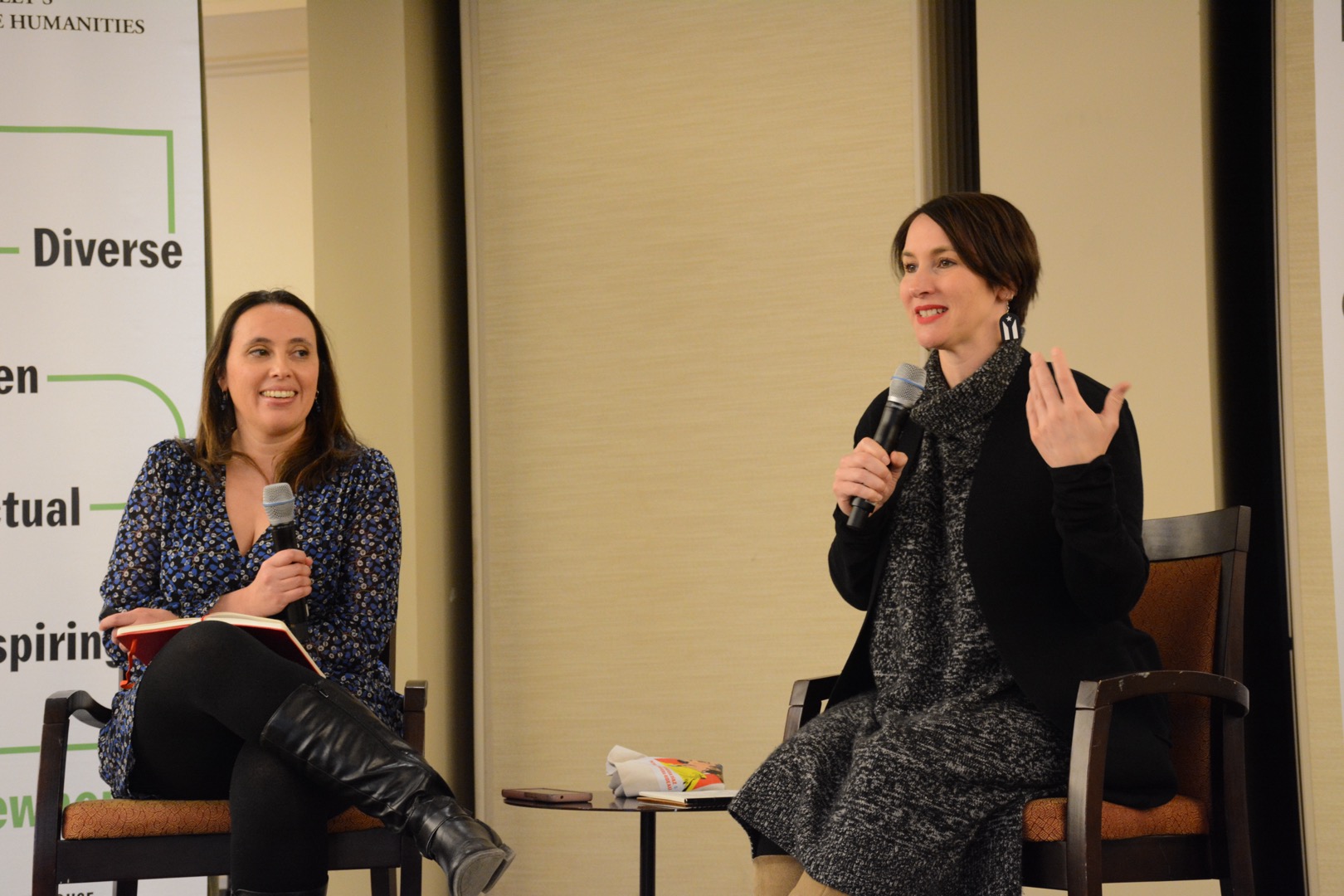 Petra Rivera-Rideau, left, and Vanessa Díaz in conversation at the launch party for their new book about Bad Bunny