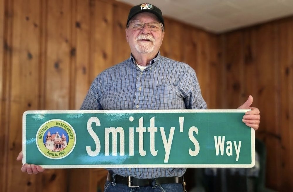 Smitty Rogers with “Smitty’s Way” sign (presented to him as a retirement gift from the DPW, where he worked for 51 1/2 years in the Water Department)