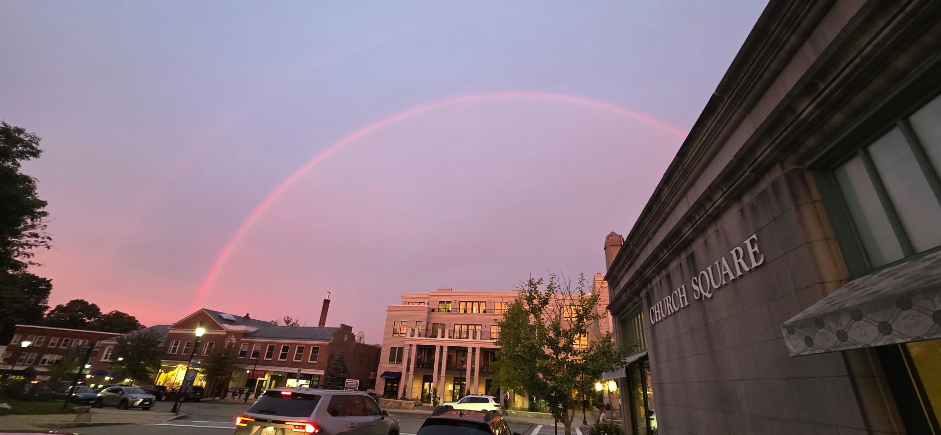 Colorful sky over Linden Square before noreaster